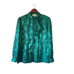 Vintage Emerald Green Satin Jacquard Jabot Ruffle Blouse Vintage Size 14